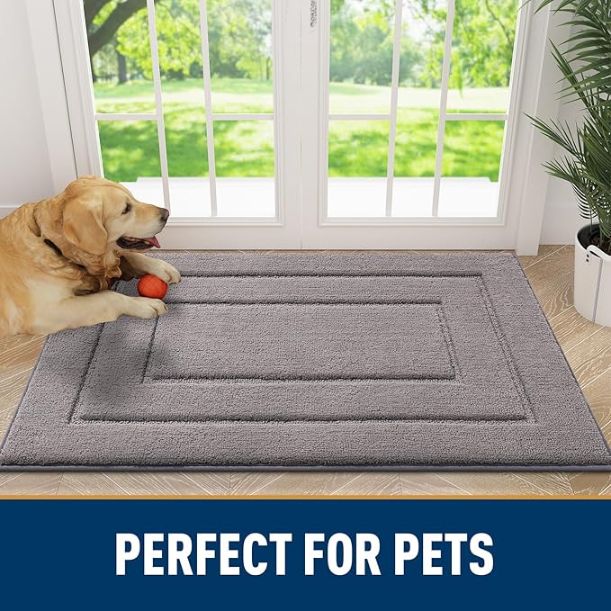 Smiry Dog Door Mat for Muddy Paws, Absorbs Moisture and Dirt, Low-Profile Entryway Mat with Non-Slip Backing, Entry Indoor Outdoor Doormat for Inside Floor (30x20 Inches, Grey, Bordered)