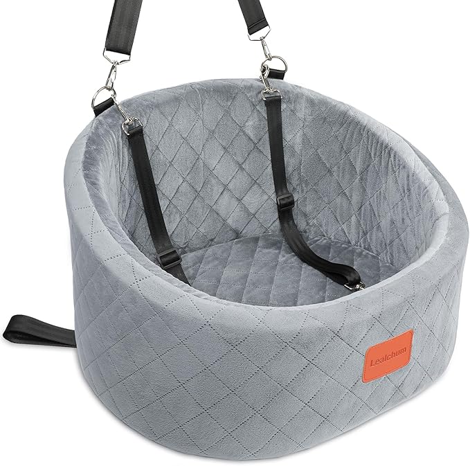 Dog Car Seat for Small Dogs Up to 30 Lbs,Ultra Soft Fabric Fill in Comfy Memory Foam,Happy Pet Ride,2 Safety Dog Leashes,Fully Detachable and Washable,Anti Slip Base(Grey)