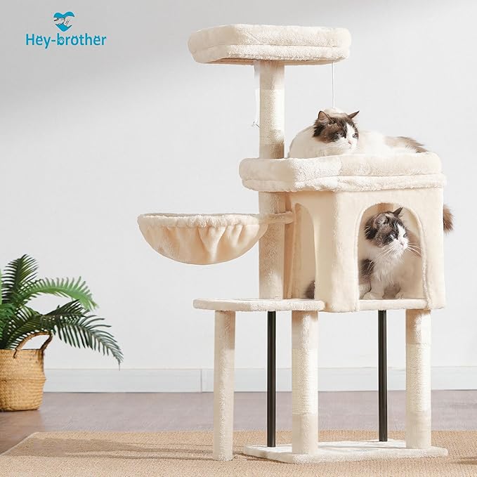 Hey-brother Cat Tree Tower, Scratching Posts with Cozy Condo, Padded Bed, Hammock, Plush Perch, Sisal Post and Ball for Indoor Kittens, 44.9 Inches, Beige MPJ009SM