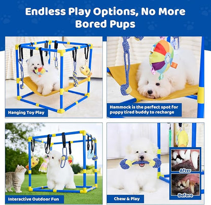 Puppy Play Gym with 12 Hanging Toys, 2-in-1 Dog Play Gym & Hammock, Adjustable Puppy Enrichment Toys for Small Dogs/Cat, Interactive Activity Center, Indoor Playground for Teething (23.6")