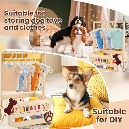 Teenyyou 20 x 13 x 9 Wooden Dog Closet Pet Wardrobe Crate Box with Hanging Rods and Personalized Alphabet Letters Easy Assembly Baskets for Dog Cat Toys Clothes Accessories(Wood)