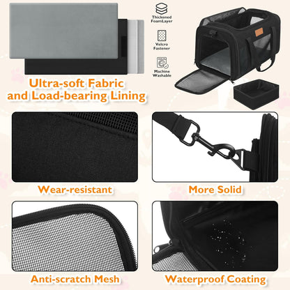 PETUX TSA Approved Pet Carrier in Cabin, 17"x11"x9.5" Soft Cat Carriers for Small Cats up to 12 lb, Top-Open Portable Dog Carrier with Litter Box and Anti-Scratch Mesh for Puppy up to 10 lb (Black)
