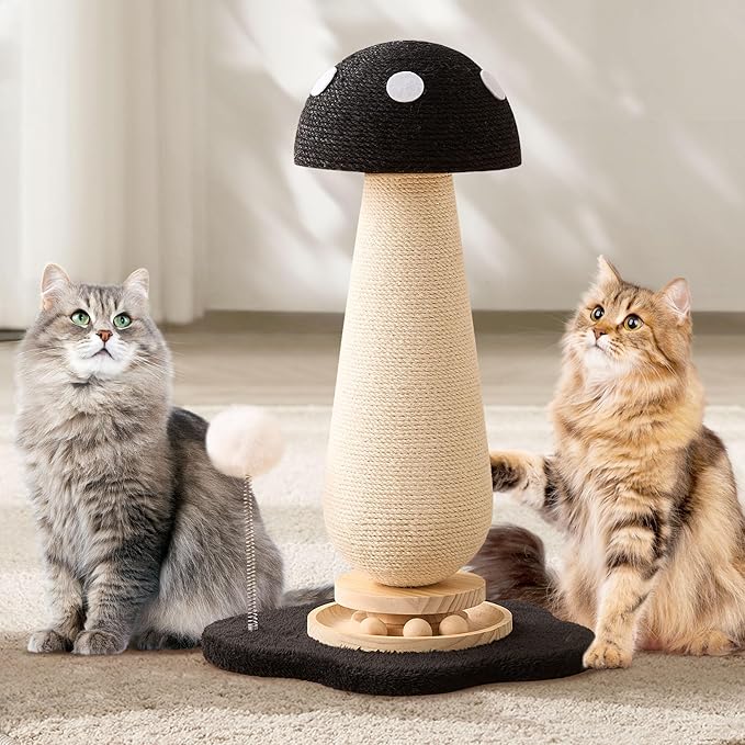 Mushroom Cat Scratching Post Cat Tree, 21.5‘’ H Cute Cat Scratcher Tower with Durable Solid Wood Turntable Toy, Solid Black Mushroom Scratch Post Cat Sisal Scratcher with Catnip for Indoor Cats