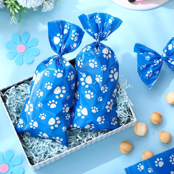 Blulu 100 Pieces Dog Treat Bags Puppy Party Favor Pet Paw Cone Cellophane Bags Candy Heat SealableDog Paw Gift with 100 Pieces Silver Twist Ties for Pet Cat Treat Party Favor(Blue and White)