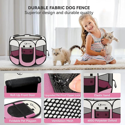 Sieidihit Dog Cat Pet Playpen Puppy Crate Cage Indoor Outdoor, Small Pink | Rest Zone for Recovering Pets New Pet Quarantine Room Portable Pop Up Easy to Set up lightweight dog Kennel with Carrying Bag