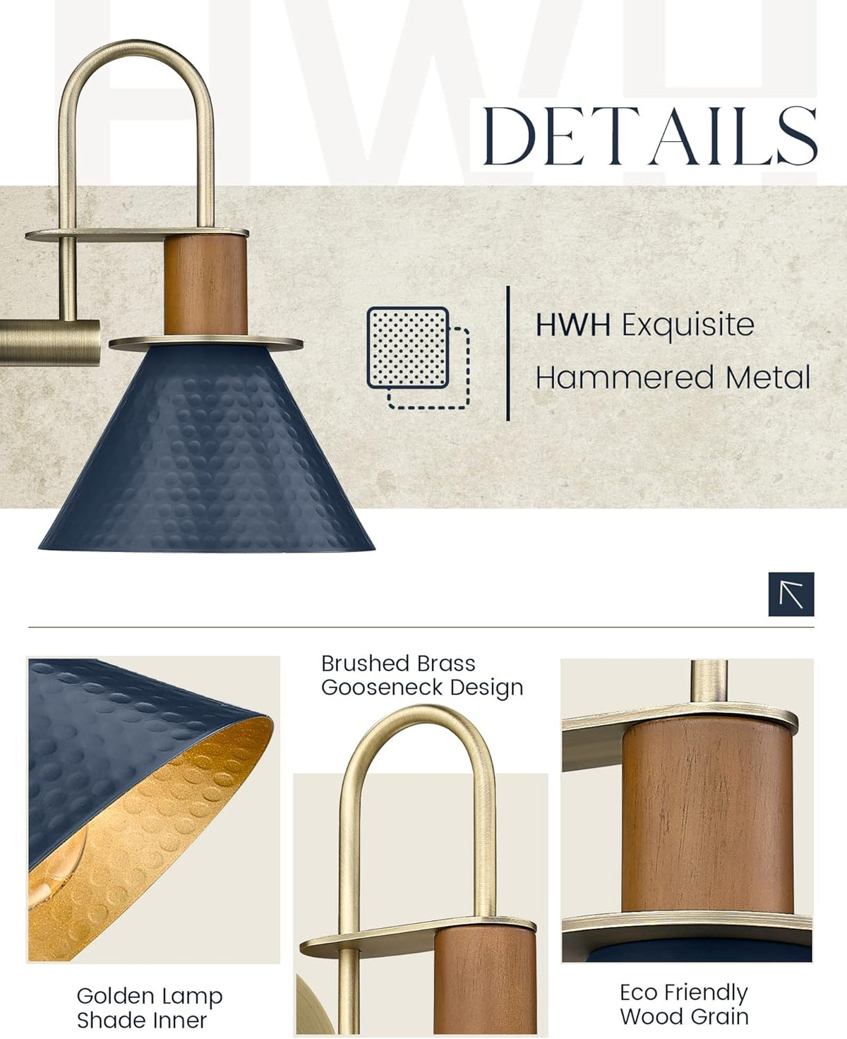 Industrial Wall Sconces Set of Two, HWH Indoor Wall Sconce 1-Light Barn Vanity Light, Gooseneck Wall Lamp for Bathroom Bedroom Bedside Kitchen, Hammered Metal Shade, Navy Blue Finish, 5HZG74B-2 BL+BG