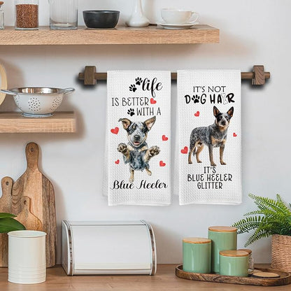 Blue Heeler Gifts Kitchen Towels Set of 2, Dog Funny Hand Towels for Kitchen Bathroom Decor, Blue Heeler for Women Dog Lovers Moms Owners Dishcloths Dish Towel 16X24 Inches