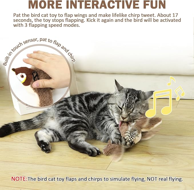 Tocirelo Cat Toy Flapping Bird (No Flying) - Simulate Chirping Flappy Bird, Interactive Cat Toys for Bored Indoor Adult Cats, Rechargeable Realistic Catnip Kicker Toy with Flapping Wings for Kitten