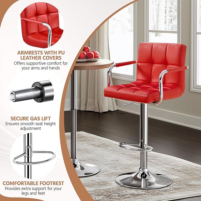 Yaheetech Bar Stools Set of 2, PU Leather Adjustable Swivel Barstools, Hydraulic Kitchen Counter Height Bar Chairs with Armrest and Back for Bar, Kitchen, Dining Room, Red