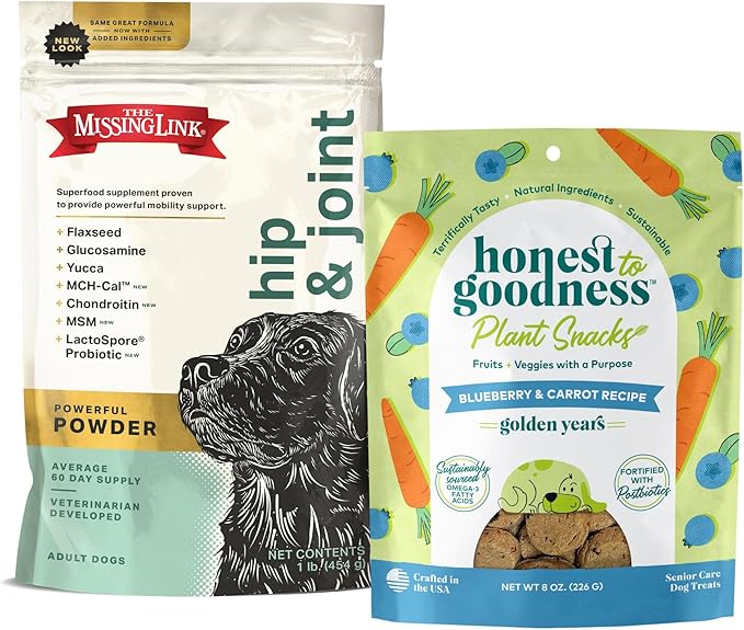 The Missing Link Hip & Joint 1 lb Powder Supplement + Honest to Goodness Blueberry Carrot Golden Years 8oz Dog Treats