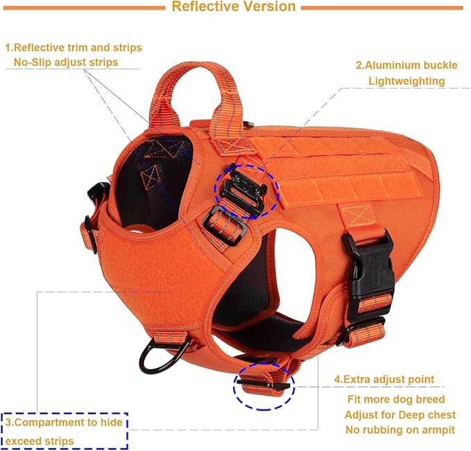 ICEFANG Tactical Dog Harness, Medium Size,2X Metal Buckle,Working Dog MOLLE Vest with Handle,No Pulling Front Leash Clip,Hook and Loop Panel (Orange,M (Pack of 1))