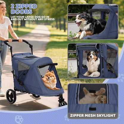 Magshion Pet Stroller for Medium Dogs w/Adjustable Handle, 3-Wheel Dog Cat Wagon w/Dual Entry, Rear Storage, Breathable Mesh, One-Foot Brake, Ideal for Large Pets up to 55 lbs, Navy Blue
