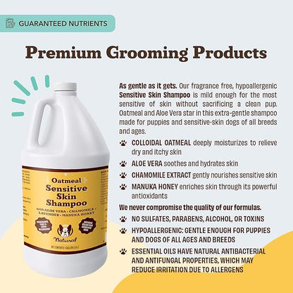 Natural Dog Company Sensitive Skin Dog Shampoo Gallon – 128 oz Oatmeal Hypoallergenic Formula with Aloe, Manuka Honey & Chamomile – Soothes Itchy, Dry, Flaky Skin – Groomer & Multi-Dog Household Size
