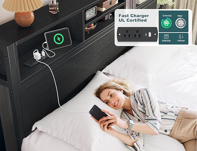 EnHomee Queen Bed Frame with 6 Storage Drawers Queen Size Bed Frame with Headboard, Storage Bed with Charging Station, No Noise,No Box Springs Needed,Black