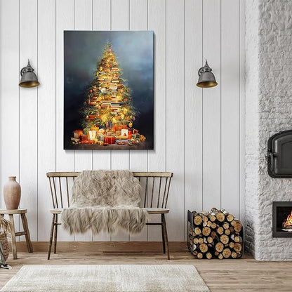Vintage Books Christmas Tree Canvas Wall Art - Rustic Literary Still Life Framed Print for Cozy Winter Decor, Light Academia Christmas Wall Art, Unique Christmas Gifts & Festive Decorations