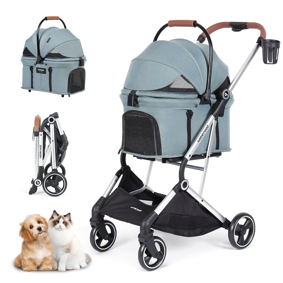 T3 Pro 3-in-1 Small Pet Stroller for Dog & Cats, 4 Wheels with Detachable Carrier with Pad, Canopy and Cup Holder, Green