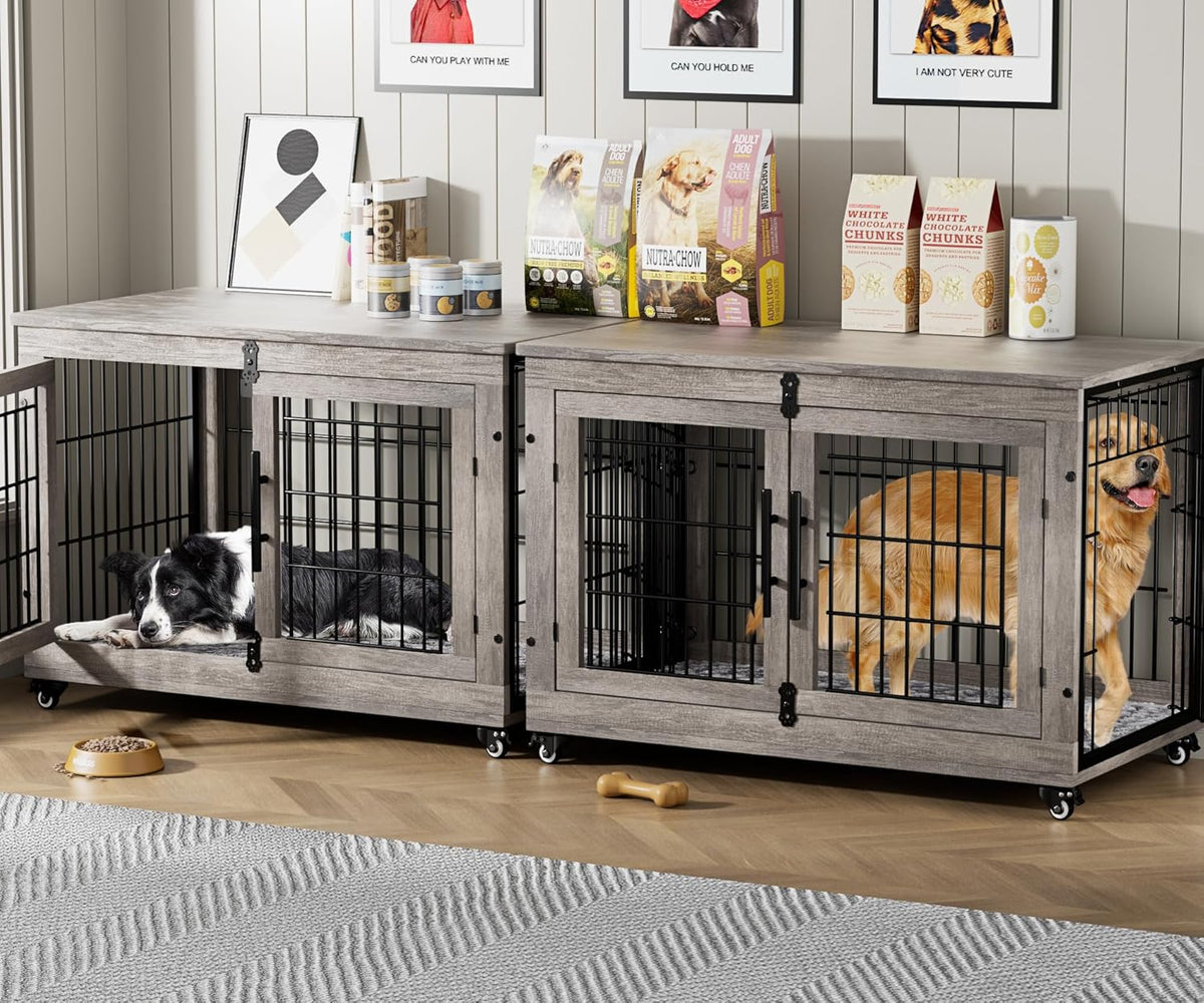 Lulive Dog Crate Furniture Set of 2, Dog Kennel Indoor Double Doors Wooden Dog Cage, 38'' Heavy Duty Dog Crate with Cushion & Wheels, End Table Pet House Chew-Resistant Up to 70 lb, Grey