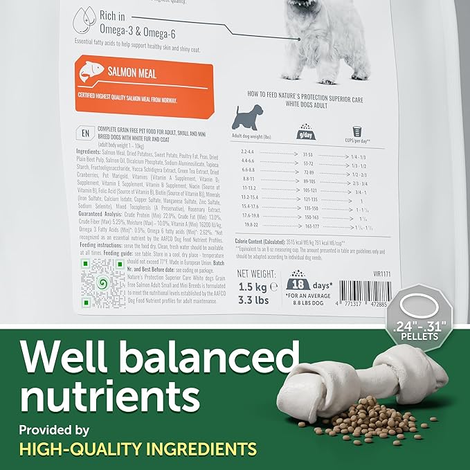 Nature's Protection Dry Dog Food for Small Breed - High Protein, Grain-Free Tear Stain Dog Kibble for White & Light Coated Adult Dogs (Superior Care - Salmon, 3.3 lb)