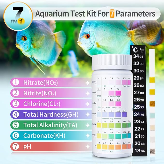 Umlecoa 7 in 1 Aquarium Test Kit for Freshwater and Saltwater - 125 Aquarium Test Strips with Test Tube & Thermometer - Fast & Accurate Water Testing Strips for Aquarium/Pond/Pool