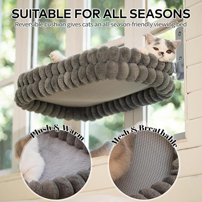 CHEERPALS Cat Window Perch for Indoor Cats Hammock for Window with Reversible Cushion, Foldable Cat Window Bed for Large Cats and Kittens(Grey,Large)