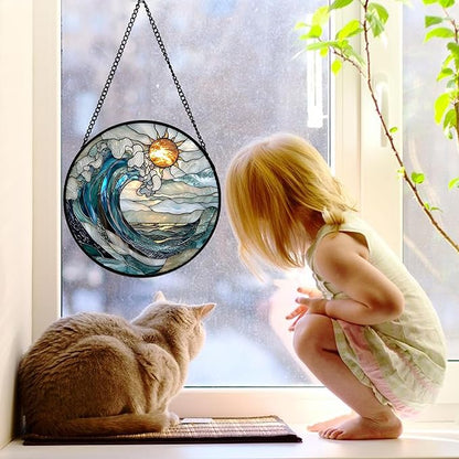 Stained Glass Window Hanging, Blue and White Waves Suncatcher Diamond Glass Panel Landscape Sun Catchers Decor for Birthday for Women, Men, Wife, Aunt, and Mom 9.8 in