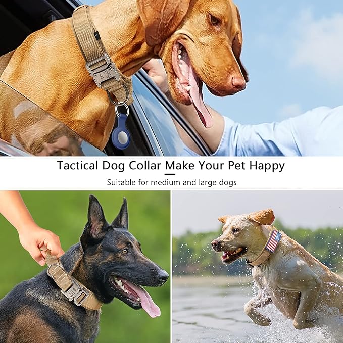 DAGANXI Tactical Dog Collar, Adjustable Military Training Nylon Dog Collar with Control Handle and Heavy Metal Buckle for Medium and Large Dogs, with Patches and Airtags Case (S, Brown)
