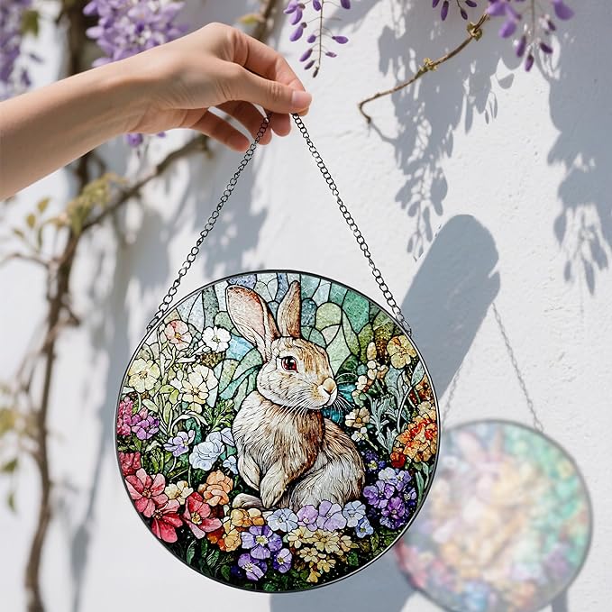 Stained Glass Window Hanging, 8 Inch Rabbit Sun Catcher, Bunny Stained Glass Suncatcher, Window Decor, Gifts for Mothers Day, Birthday, Christmas, Rabbit Lovers Gifts, Gift for Women Mom and Friend
