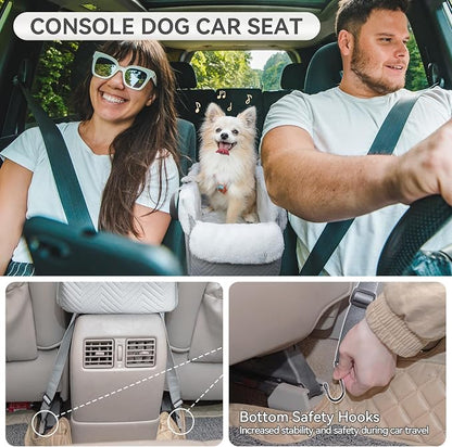 PETSFIT Console Dog Car Seat, Portable Small Dog Car Seat with Safe Protective Hooks, Luxury Dog Carseat Includes Safety Leash and Storage Pocket for Pets Up to 9 lbs (Grey)