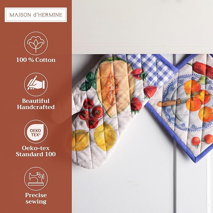 Maison d' Hermine 100% Cotton Oven Mitt & Pot Holder Set (7.5"x13" & 8"x8") Heat Resistant BBQ Cooking Gloves with Loop, Baking, Grilling, Kitchen, Handling Hot Pans Spring/Summer (Gourmand)