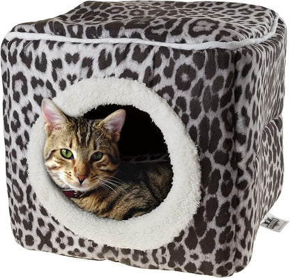 Cat House - Indoor Bed with Removable Foam Cushion - Cat Cave for Puppies, Rabbits, Guinea Pigs, and Other Small Animals by PETMAKER (Animal Print)
