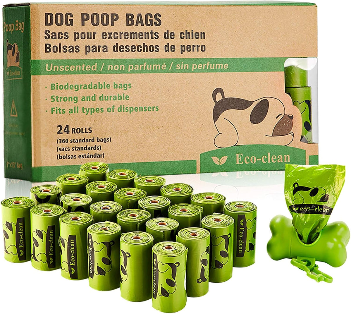 ECO-CLEAN Dog Poop Bags, 24 Rolls/360 Bags with Dispenser, Dog Waste Bags, Unscented, Leak-Proof, Easy Tear-Off