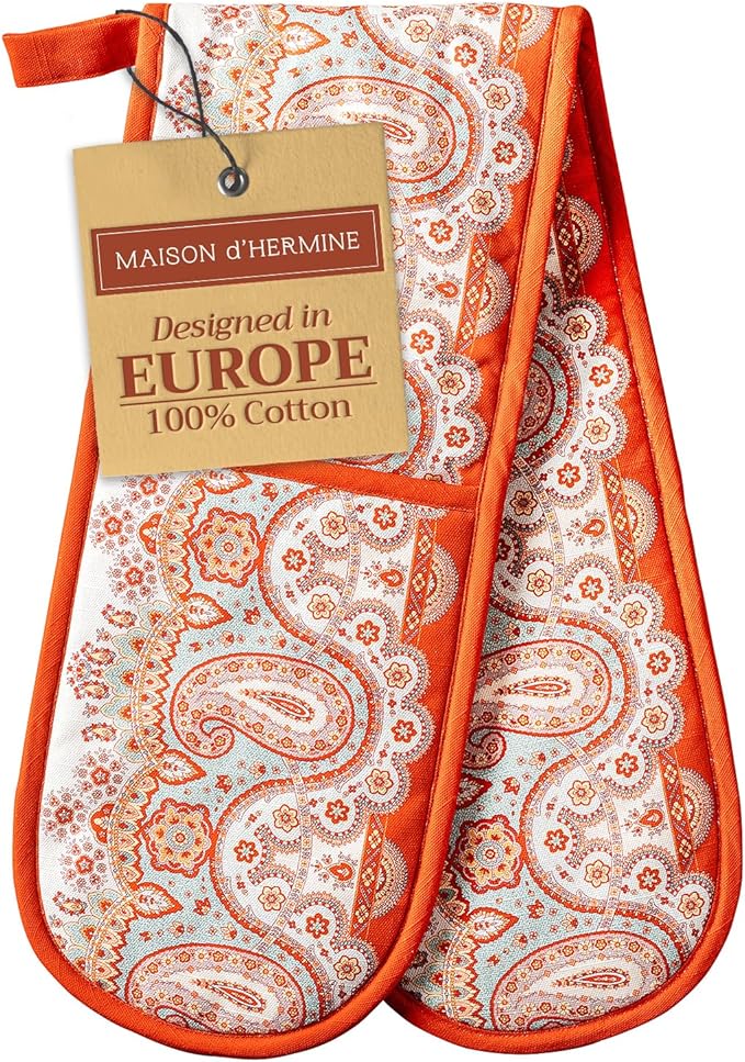 Maison d' Hermine Double Oven Mitt (7" x 35") 100% Cotton Heat Resistant BBQ Cooking Gloves with Loop for Thanksgiving Christmas Decorations Baking Cooking Barbeque Handling Hot Pan (Cachemire)