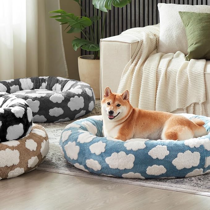 JOEJOY Jacquard Donut Round Small Dog Beds,Grey 23x23x8in, Removable Washable Cover, Cute Pattern, Ultra Soft Fluffy Calming Pet Bed with Thick Supportive Bolster