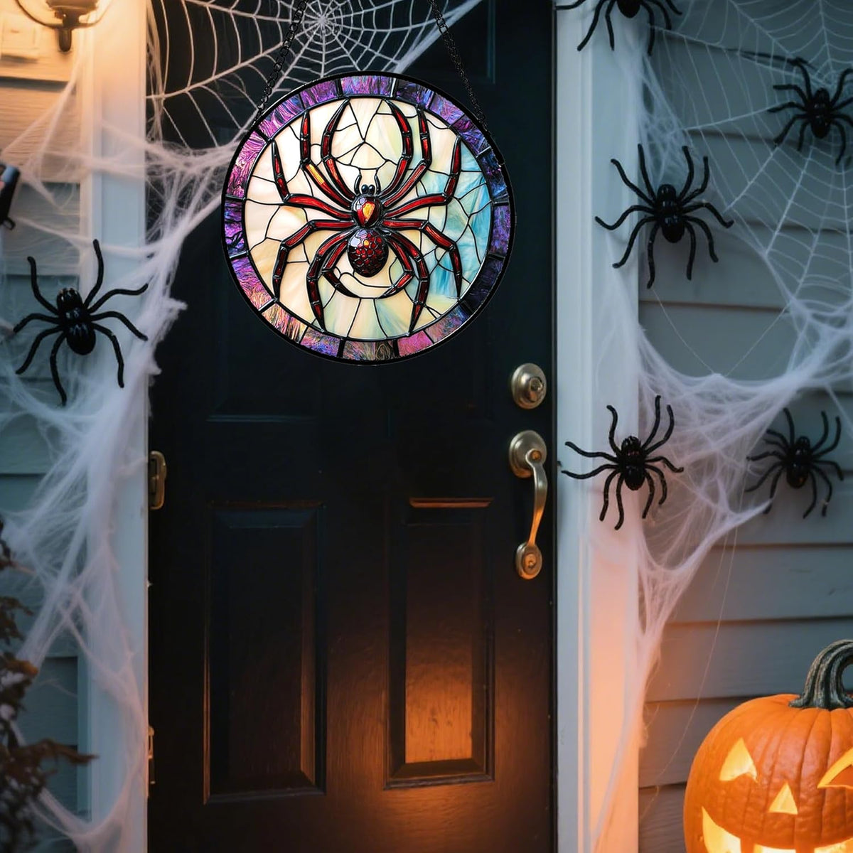 Stained Glass Window Hanging - Halloween Decorations Red Spider Goth Suncatcher for Doors Garden Indoor Funny Spooky Sun Catchers Gothic Decor Horror Gifts for Women Men Friend 7.8 in