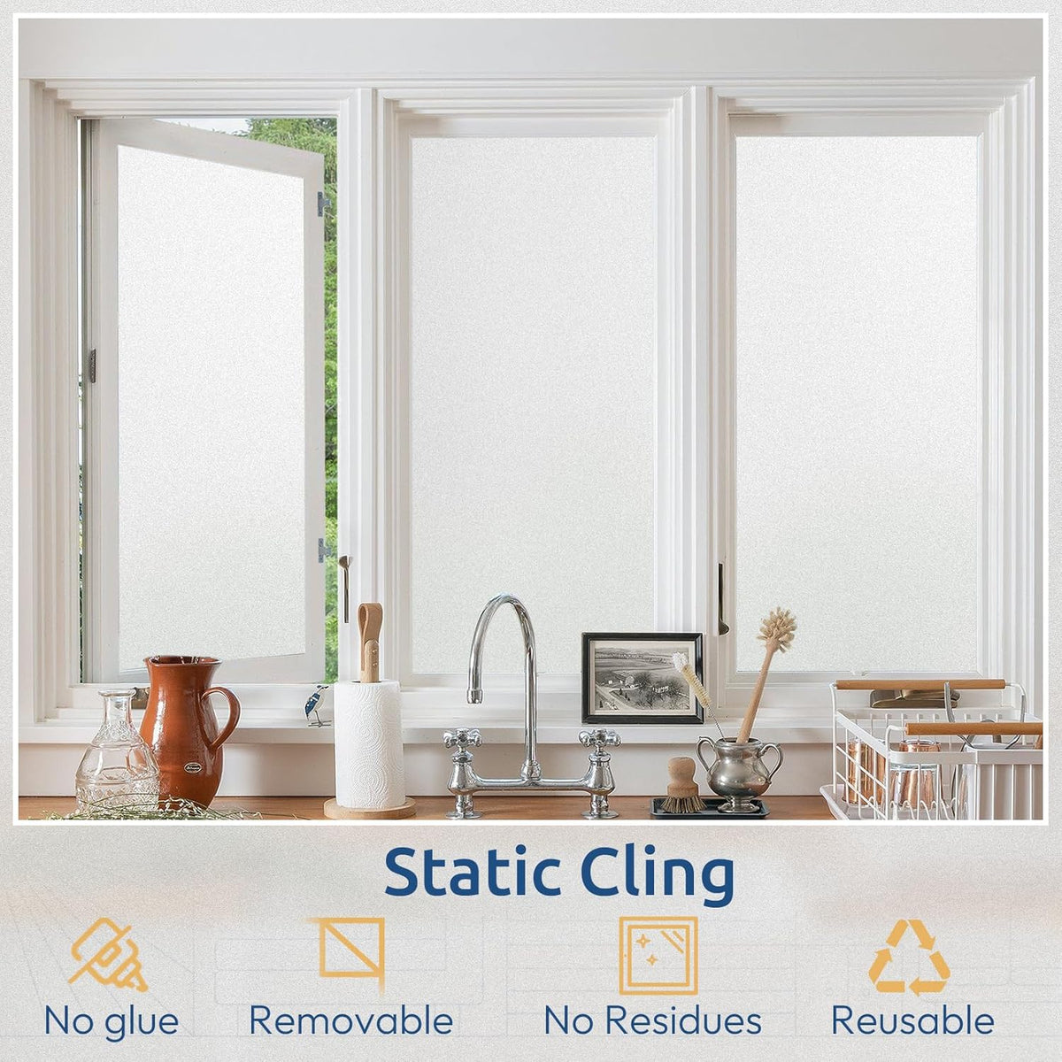 rabbitgoo Window Privacy Film, Non-Adhesive Frosted Glass Window Film for Bathroom, Static Cling Heat Blocking Stickers for Home Indoor Opaque Frosting Coverings House Tint, Matte White 17.5" x 157"