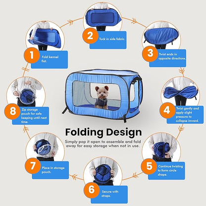 Beatrice Home Fashions Portable, Collapsible, Pop Up Kennel Travel Cat and Dog Crate, 32.5" L x 19.5" W x 19.5" H, Blue