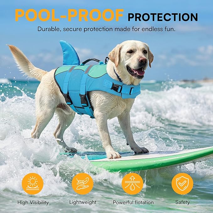 Shark Dog Life Jacket, Dog Life Vests for Boating, High Buoyant Pet Life Vest for Swimming, Adjustable Easy On Life Jackets for Small, Medium, Large Dogs (Pool Blue,XXL)