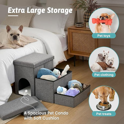 Dog Stairs with Storage, 3-Step Wider Sturdy Dog Steps for Small/Medium/Large Dogs and Older Cats, Doggie Ramp with Condo for Bed/Couch/Car Hold Up to 180 lbs (17.7" H, Grey)