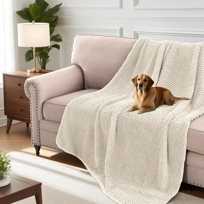 H.VERSAILTEX Plush Chenille Couch Cover for Dogs Pets Blanket for Bed Anti-Slip Soft and Durable Furniture Protector for Small Medium Large Cats Washable (52" x 82", Ivory)