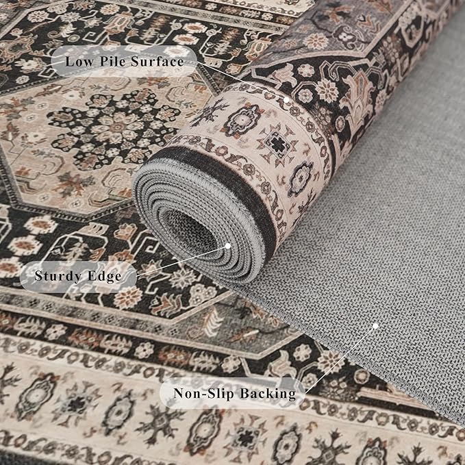 RUUGME 2x5 Kitchen Runner Rug - Indoor Washable Entryway Hallway Rugs with Non Slip Backing Low Pile Stain Resistant Carpet for Bedroom Soft Vintage Home Decor Floor Mat for Bathroom Laundry 2x5 Black