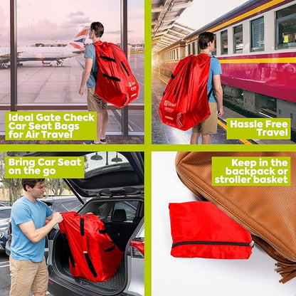 Infant Car Seat Travel Bag for Airplane - Durable Gate Check Bag for Car Seats that fits easily on Convertible Car Seats, Infant Carriers & Booster Seats (Backpack, Red)