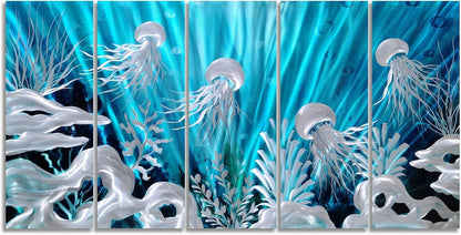 SYGALLERIER Jelly Fish Large Metal Wall Art Hand Grind Aluminum Artwork 3D Undersea World Coastal Pictures Nautical Decor for Living Room Bedroom