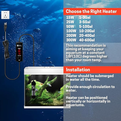 AquaMiracle Upgraded 50W Small Aquarium Heater Fish Tank Heater Turtle Heater Super Mini Aquarium Heater, Dry-Run/Overheating Protection and Memory Function, Dual LED Display, for 5-10 Gal Tanks