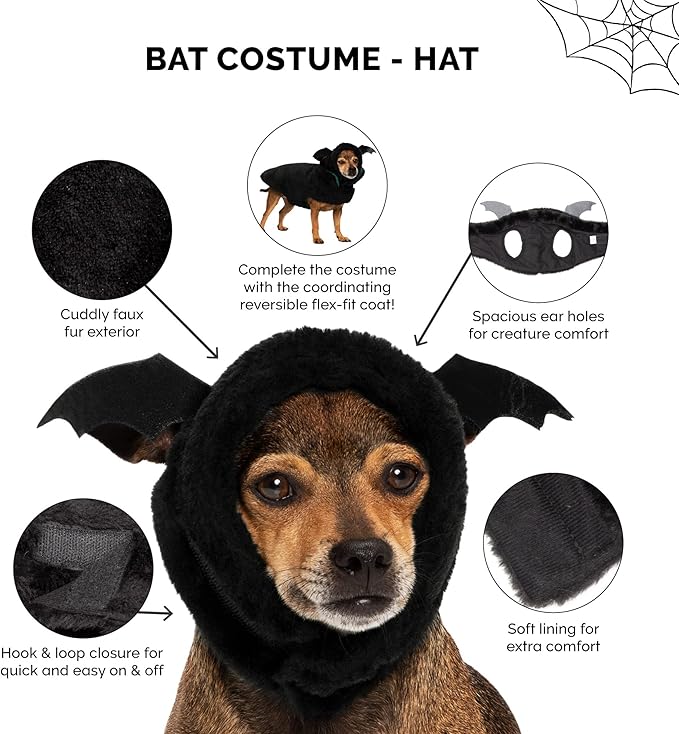 Furhaven XS to SM Dog Hat, Washable & Cozy - Plush Faux Fur Flex-Fit Black Bat Dog Hat Costume - Black, Extra Small to Small