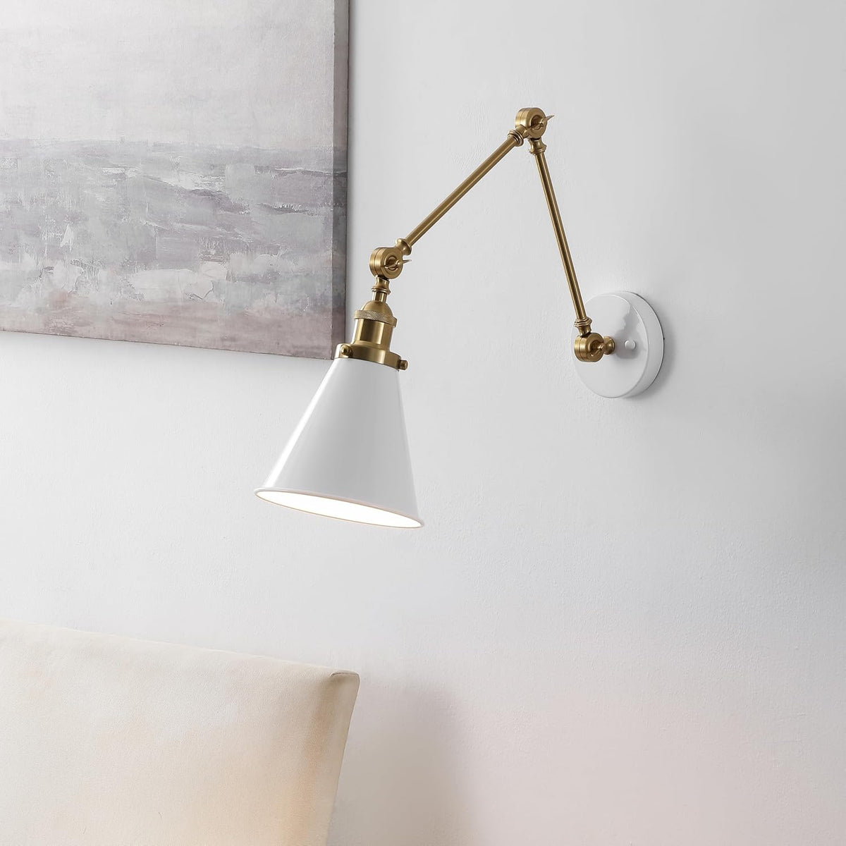 JONATHAN Y JYL7462B Rover 7" Classic Industrial Metal Adjustable Arm LED Wall Sconce, White/Brass Gold for Bedroom, Bathroom, Vanity
