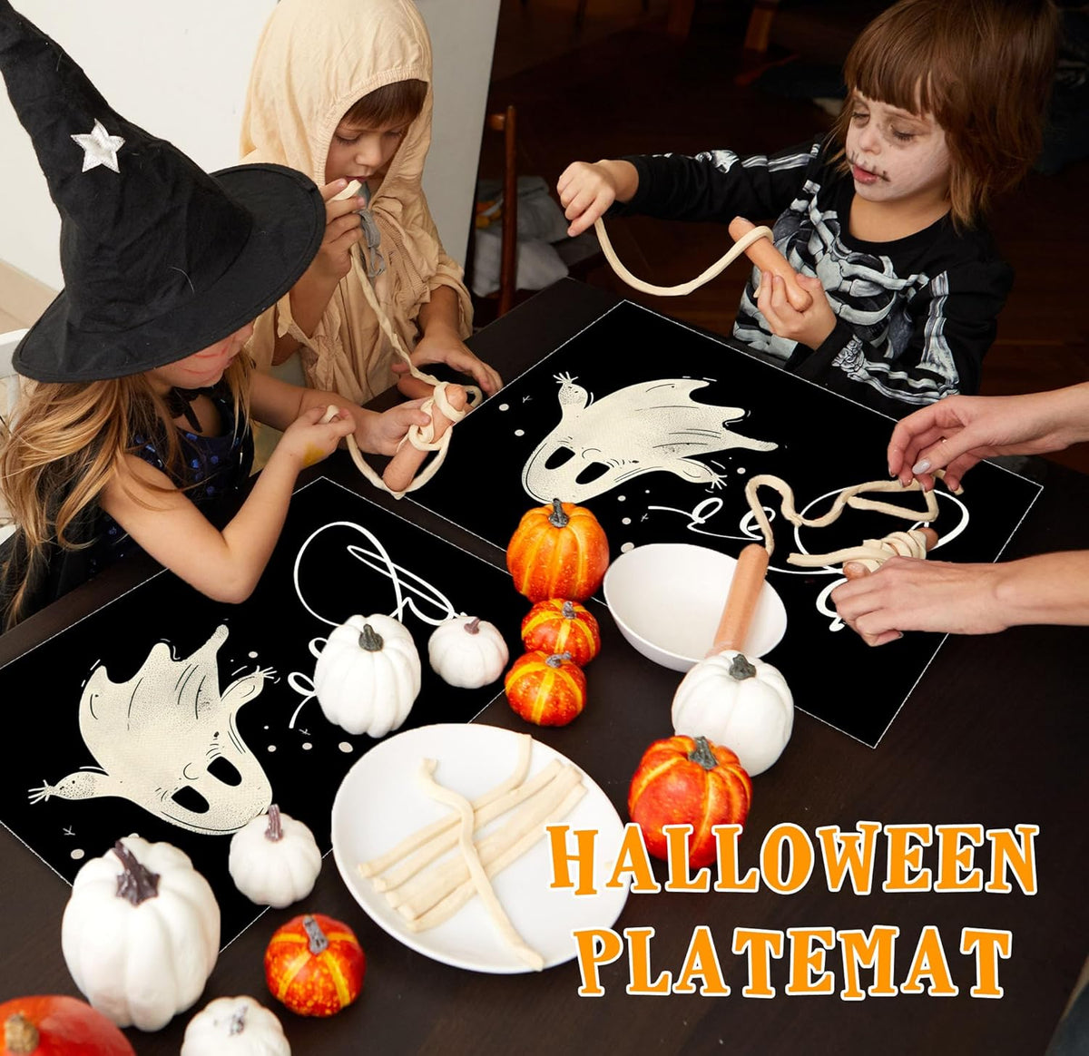 Funny Halloween Placemats Set of 4, 12x18 Inch Boo Decorative Table Mats, Washable Heat Resistant Place Mats for Kitchen Dining Table, Halloween Themed Decoration for Home-B03