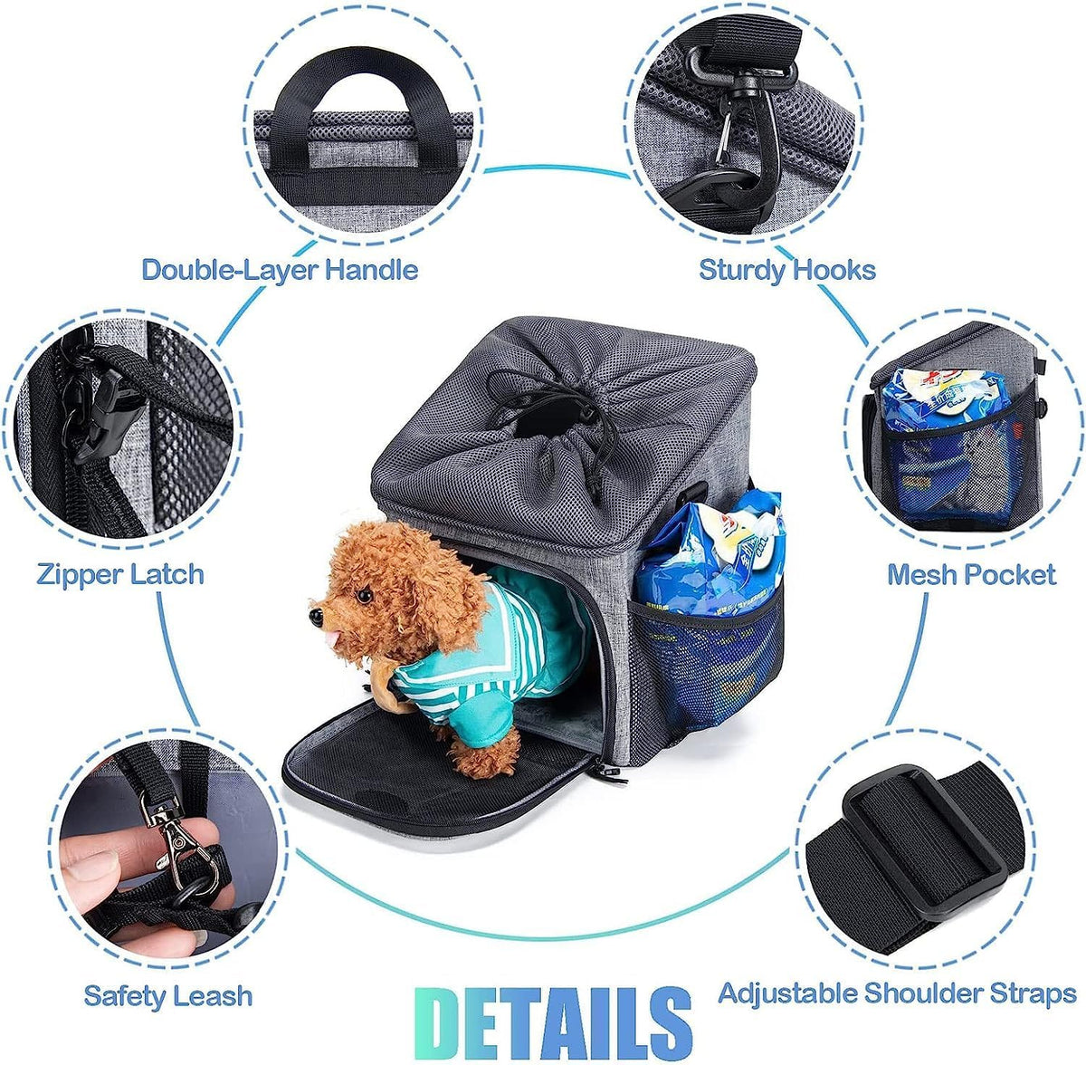 Dog Bike Basket Carrier, Pet Bicycle Front Carrier Backpack for Bike Riding Foldable Removable, Reflective Strips, 2 Side Storage Pockets, Pet Travel Bag for Cats Small Dogs