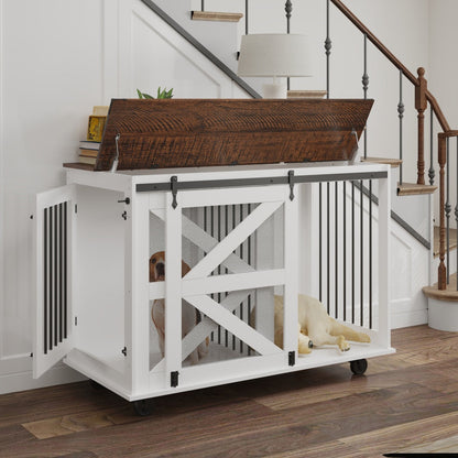 47.2 Mobile Dog Crate With Flip-Top Feeding Door, Dual-Access & 5 Caster System 2 Locking, Side Hooks - Multi-Functional Pet Kennel,double Dog Crate Furniture