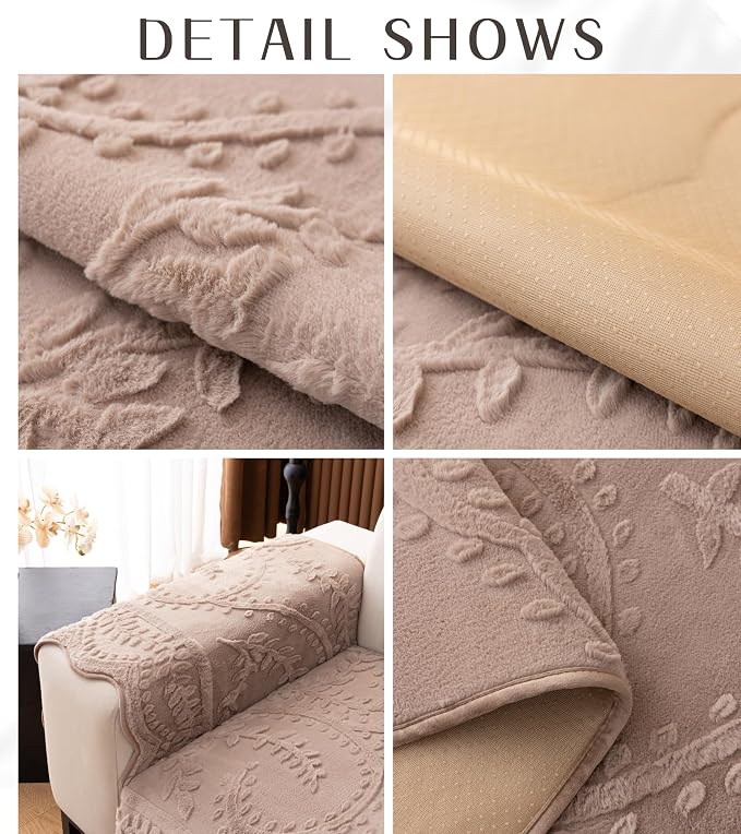 Fuzzy Rabbit Plush Sofa Cover Cozy Warm Sofa Couch Covers with 3D Jacquard Leaf Pattern Non-Slip Easy-to-Install Shaggy Sofa Slipcover Prefect for Kids Dogs Cats Cats(Cream Coffee,36"x94")