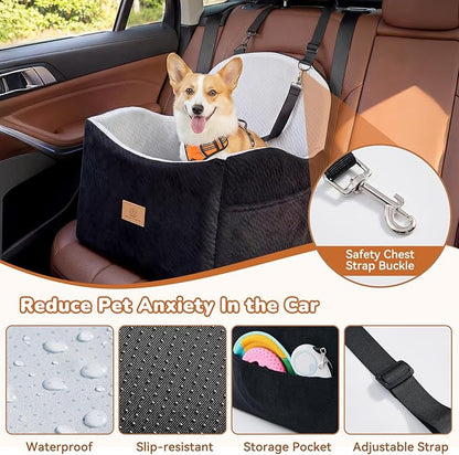 Dog Car Seat for Medium/Small Dogs, Dog Booster Car Seat, Pet Booster Seats Up to 40lbs with Waterproof Layer, 3 Storage Pockets and Safety Belt (Black/Grey)